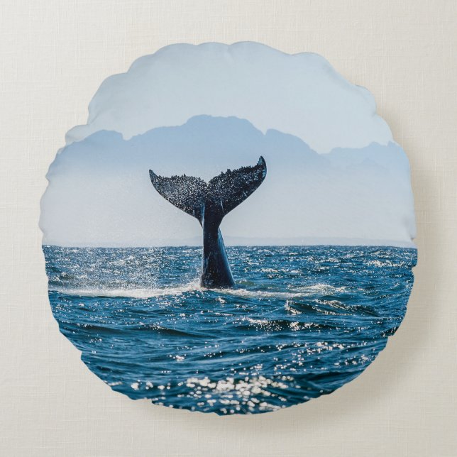 Whale Tail Seascape: Dramatic Water. Round Cushion (Front)