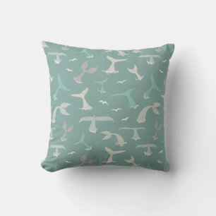 Whale Tails Ocean Blue Grey Coastal Patterned Cushion