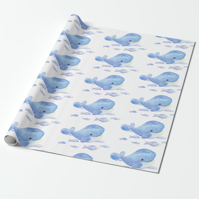 Whale Tastic Blue Birthday Wrapping Paper (Unrolled)