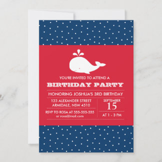 Whale theme birthday boy party invitation