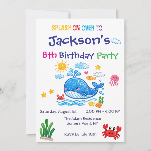 Whale Theme Summer Kids Birthday Invitation Card (Front)