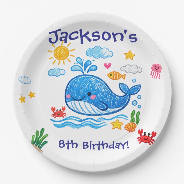 Whale Theme Summer Kids Birthday Party Paper Plate (Front)