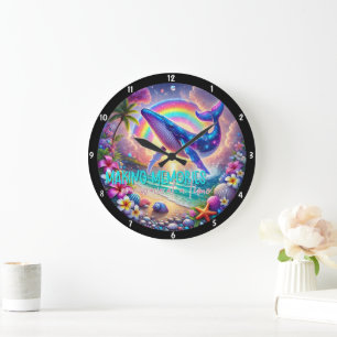 Whale-Themed Decorative Ocean, Shells, Rainbow Large Clock