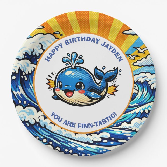 Whale Themed Nautical Boy's Birthday Party Paper Plate (Front)
