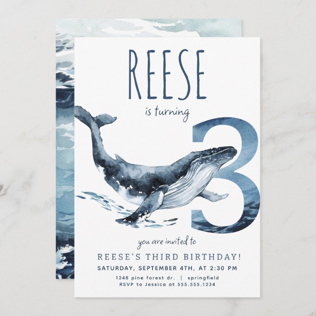 Whale Third Birthday Invitation (Front/Back)