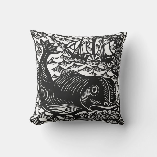 Whale Throw Pillow from Raoul Dufy Woodcut (Front)