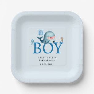 Whale Under Sea Watercolor Sweet Boy Baby Shower Paper Plate