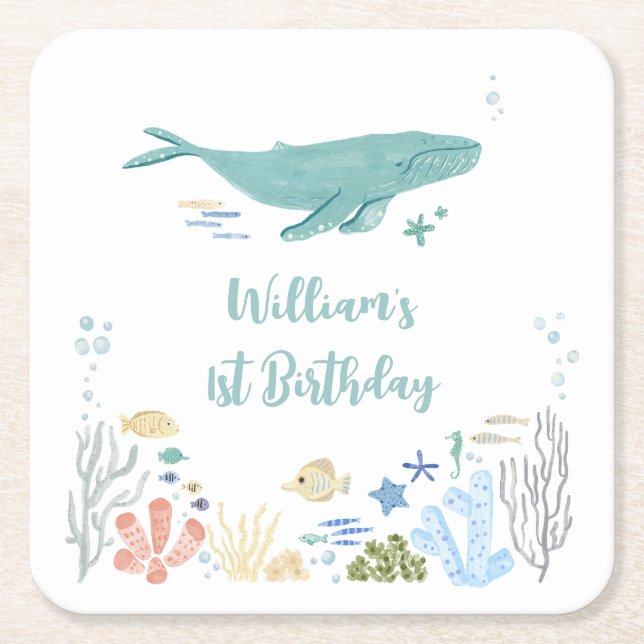 Whale Under The Sea 1st Birthday Square Paper Coaster (Front)
