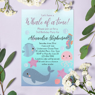 Whale Under the Sea Ocean Beach Girls Birthday Invitation