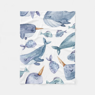 Whale Unicorns in Ocean Pattern Fleece Blanket