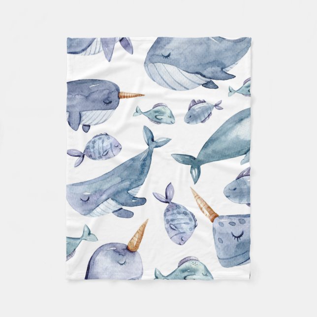 Whale Unicorns in Ocean Pattern Fleece Blanket (Front)