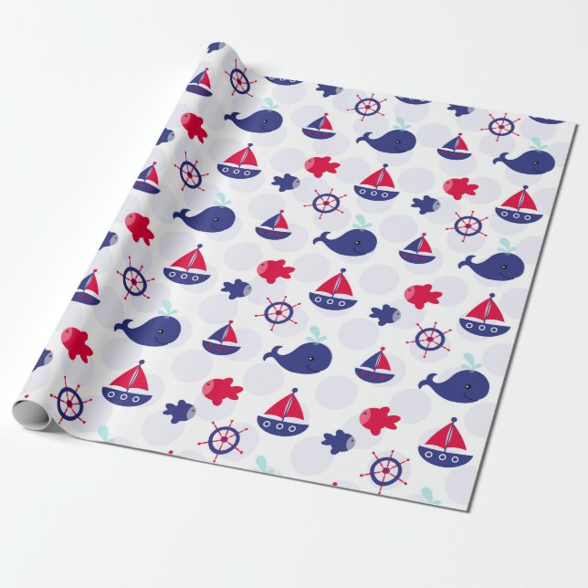 Whale Watching on Blue Wrapping Paper (Unrolled)