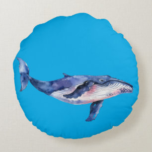 Whale Watercolor (PBLUE BKGRD) Round Cushion
