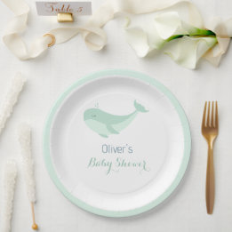 Whale Watercolour Blue Green Baby Shower Paper Plate