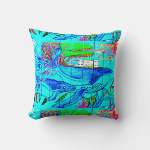 whales and dolphins blue pillow