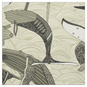 whales and waves natural fabric