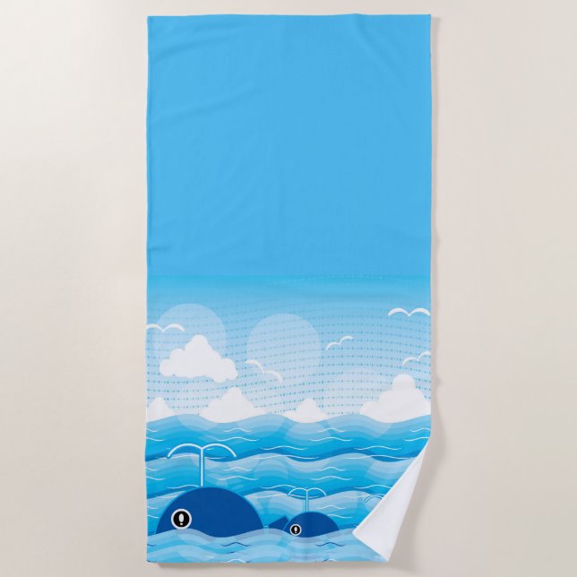 Whales and Waves Ocean Blue Beach Towel (Front)