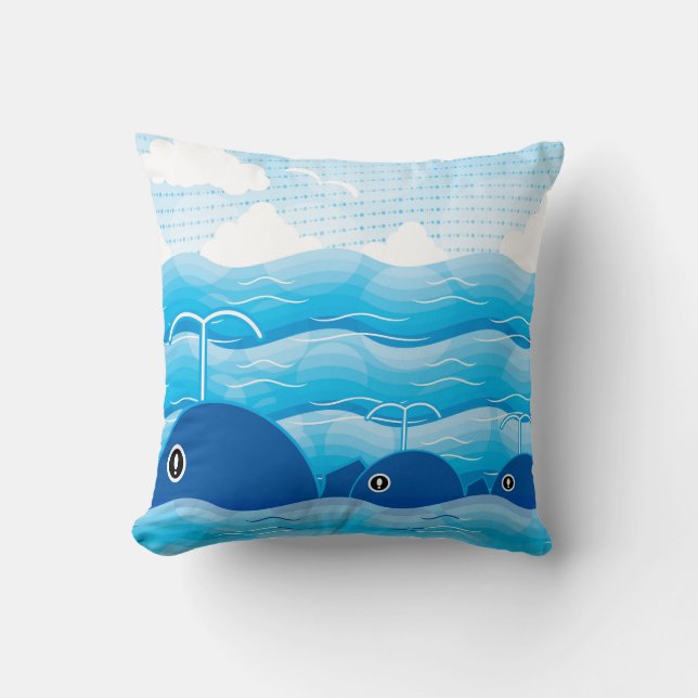 Whales and Waves Ocean Blue Cushion (Front)