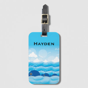 Whales and Waves Ocean Blue Personalised Luggage Tag