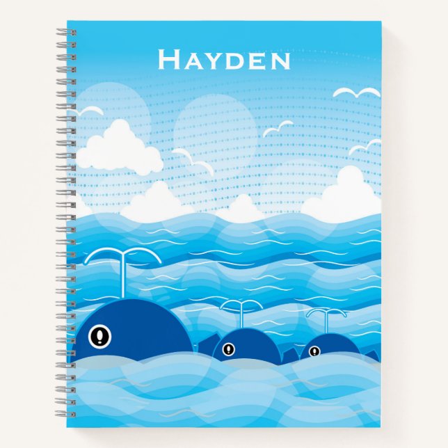 Whales and Waves Ocean Blue Personalised Notebook (Front)