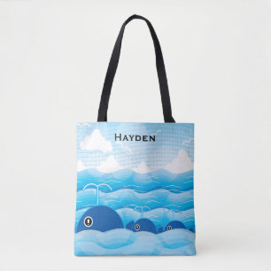 Whales and Waves Ocean Blue Personalised Tote Bag