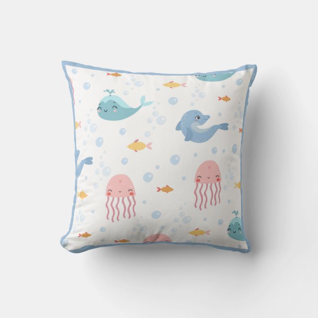 Whales Dolphins Jellyfish Pink Ocean Sea Fish Boy Cushion (Front)