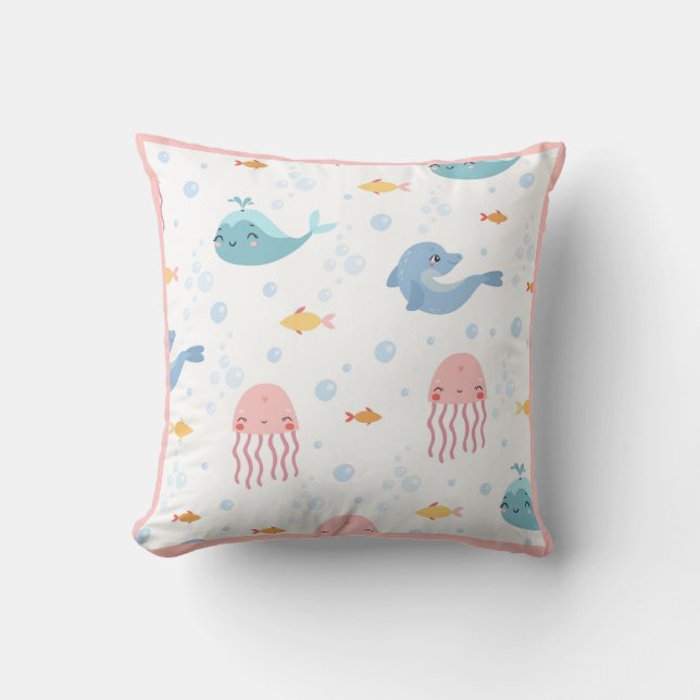 Whales Dolphins Jellyfish Pink Ocean Sea Fish Cushion (Front)