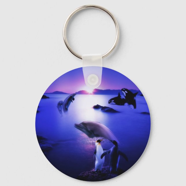Whales dolphins penguins ocean sunset key ring (Front)