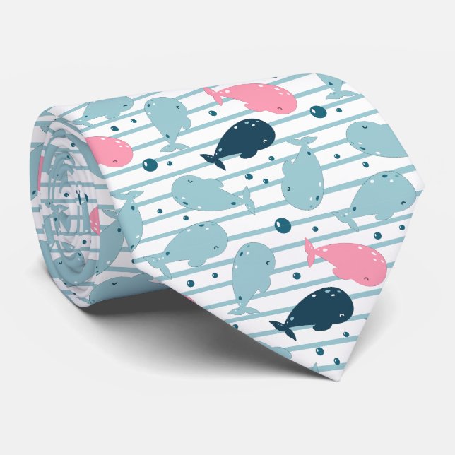 Whales In Navy Blue Pink Tie (Rolled)