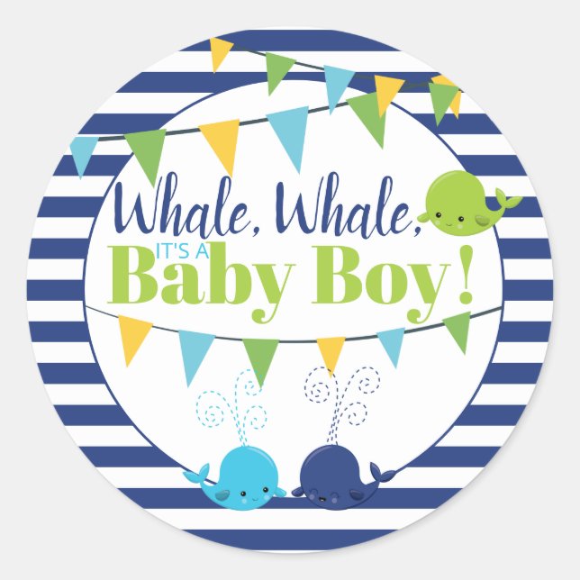 Whales It's A Boy Baby Announcement Navy Striped Classic Round Sticker (Front)