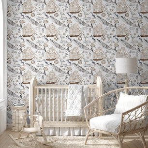 Whales Ships Nautical Brown Baby Room Wallpaper