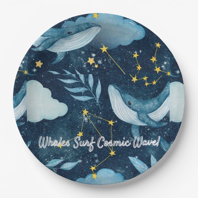 Whales Surf Cosmic Waves Blue Constellation Design Paper Plate (Front)