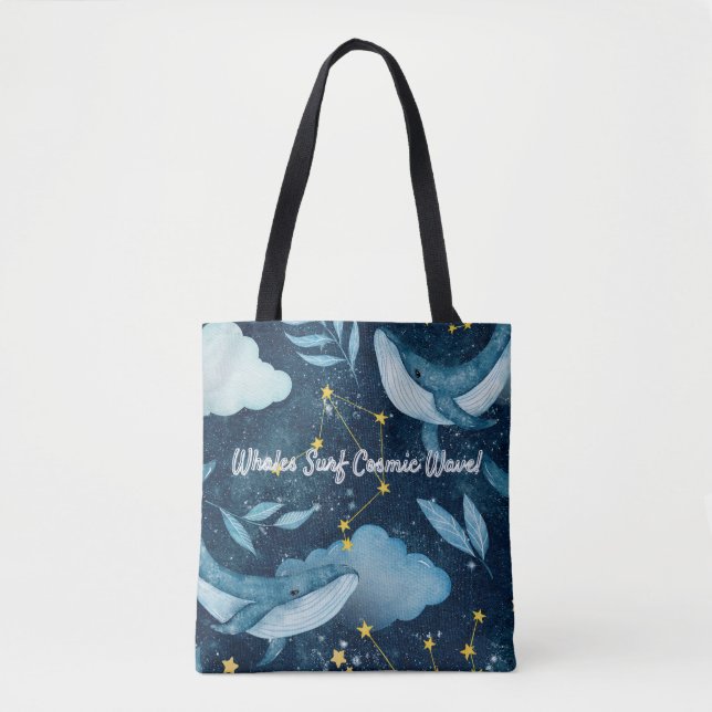 Whales Surf Cosmic Waves Blue Constellation Design Tote Bag (Front)