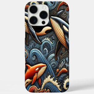 Whales Swimming Through Vibrant Ocean Waves iPhone 16 Pro Max Case