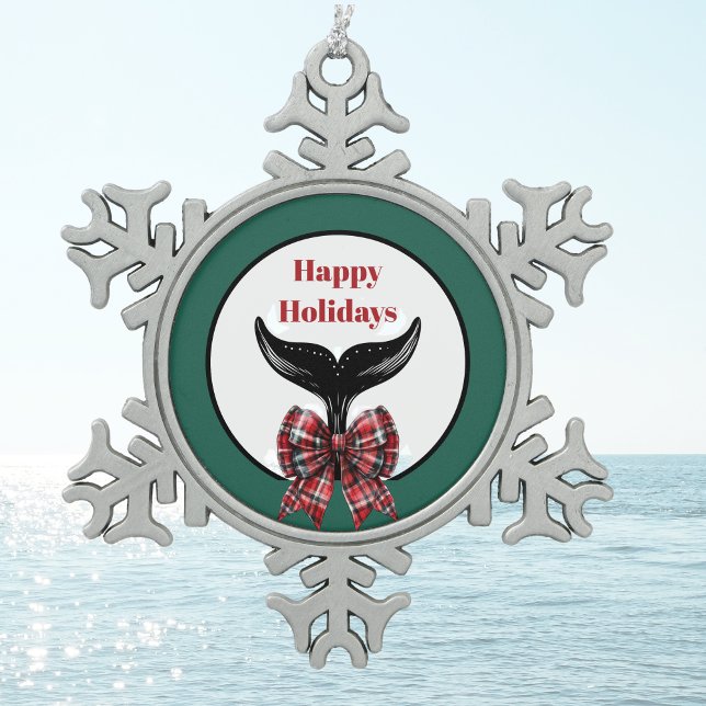 Whale's Tail Black White Plaid Bow Christmas Snowflake Pewter Christmas Ornament (Creator Uploaded)