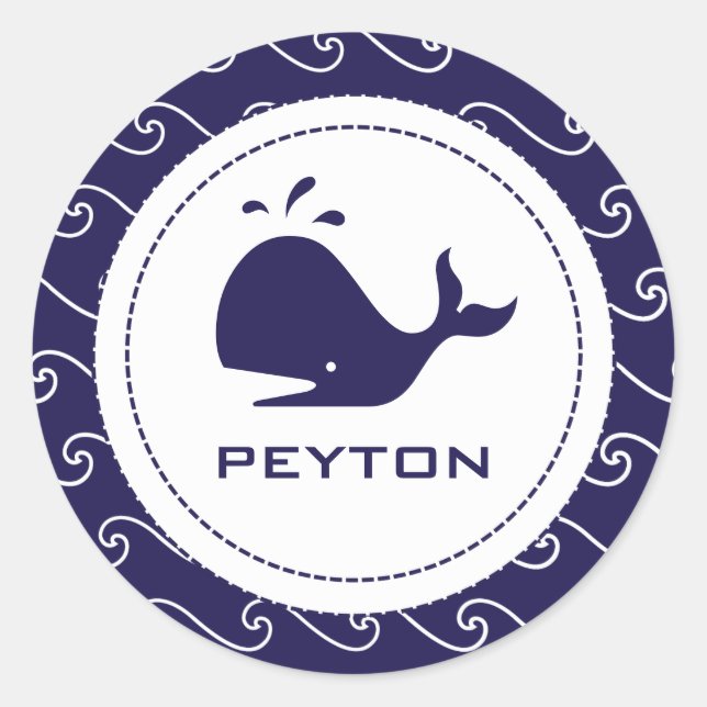 Whales Tale Pink & Wavy Navy Invitation Classic Round Sticker (Front)