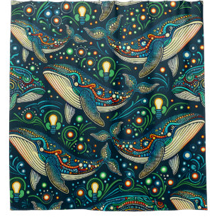 “Whales with Christmas Lights - Surreal Art" Shower Curtain