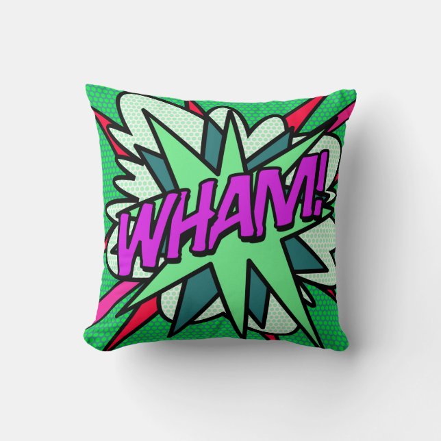 WHAM Modern Cool Fun Comic Book Green Cushion (Front)