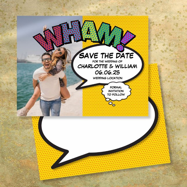 WHAM Photo Save the Date Fun Modern Comic Book Announcement Postcard (WHAM Photo Save the Date Fun Modern Comic Book)
