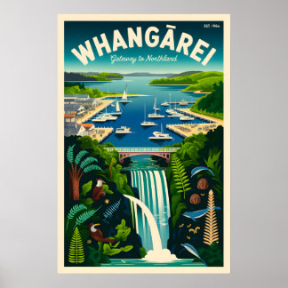 Whangārei New Zealand Retro Travel Poster Art