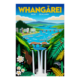 Whangārei New Zealand Retro Travel Poster Art