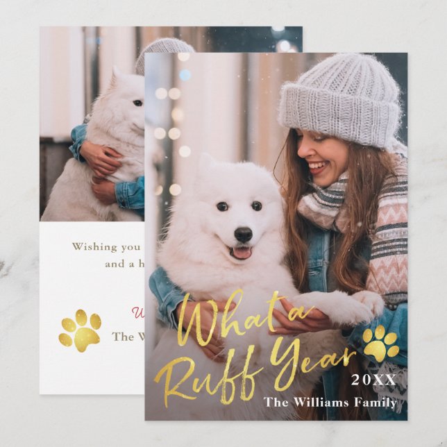 What a Ruff Year Pet Dog Puppy 2 Photo Greeting Holiday Card (Front/Back)