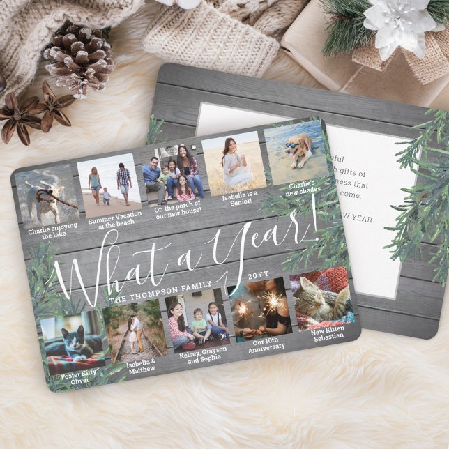 What a Year! 10 Photo Christmas Greenery & Wood Holiday Card (Creator Uploaded)