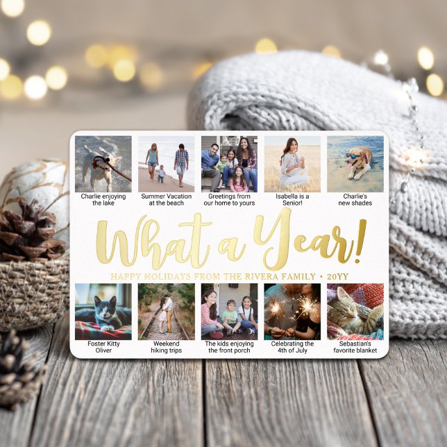 What a Year! 10 Photo Collage Modern Calligraphy Foil Holiday Card (Creator Uploaded)