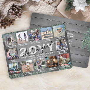 What a Year! 12 Photo Christmas Greenery & Wood Holiday Card