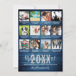 What A Year 12 Photo Collage Captions Blue Wood Holiday Card