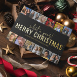 What A Year! 12 Photo Collage | Christmas Foil Holiday Card<br><div class="desc">A modern photo collage christmas card,  featuring 12 of your favourite photographs from the year,  in a photo strip style,  over a black background with a real gold foil template christmas greeting. Font styles and background colour can be changed easily by clicking on the customise further link after personalising.</div>