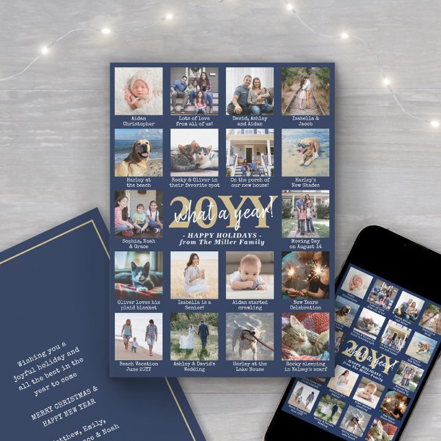 What a Year 18 Photo Collage & Captions Navy Blue Holiday Card (Creator Uploaded)