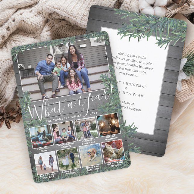 What a Year! 9 Photo Christmas Greenery & Wood Holiday Card (Creator Uploaded)