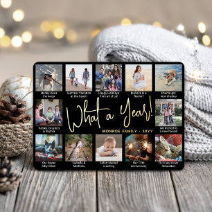 What a Year! Black 12 Photo Collage & Captions Foil Holiday Card